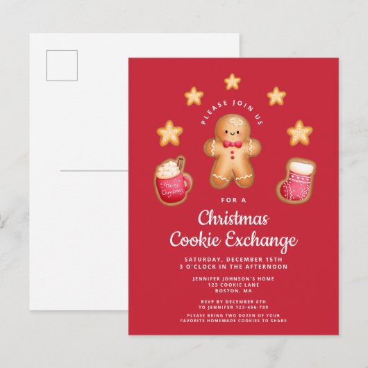 Invitation Carte Postale Red Christmas Cookie Exchange Cute Gingerbread Hom (Devant / Derrière)