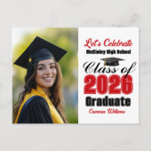 Invitation Carte Postale Red Class of 2026 Photo Graduation Party (Devant)