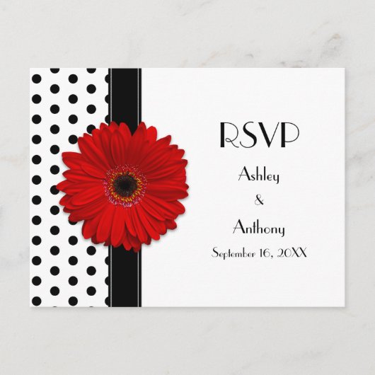 Invitation Carte Postale Red Daisy Noir Blanc Polka Pot Mariage RSVP (Devant)