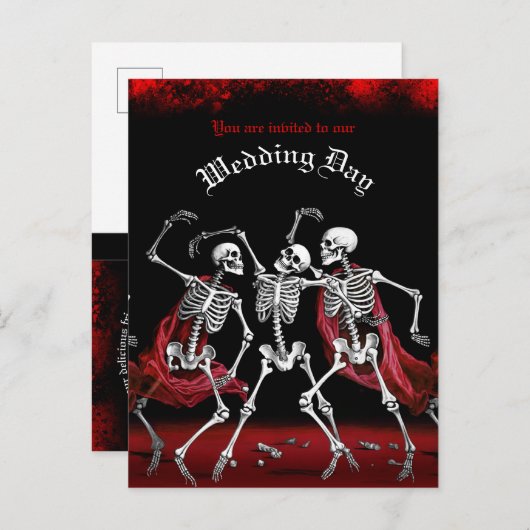 Invitation Carte Postale Red Death Dancing Skeletons Mariage gothique (Devant / Derrière)