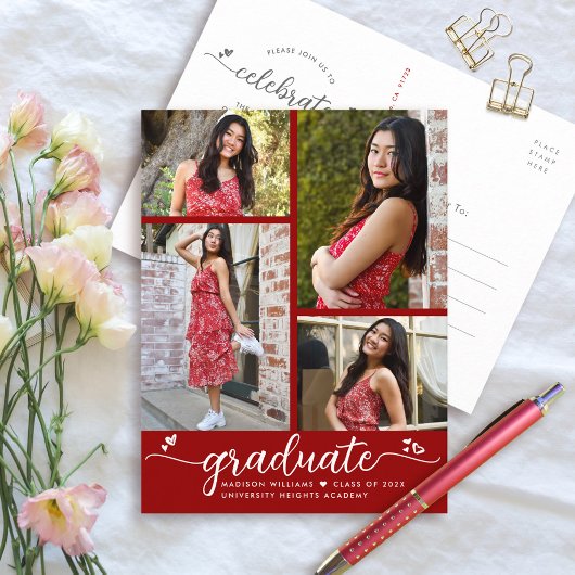 Invitation Carte Postale Red Graduation 4 Photo Moderne Fille Coeurs Script