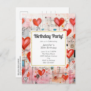 Invitation Carte Postale Red Hearts Whimsical Love Motif Anniversaire Invit