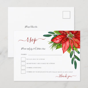 Invitation Carte Postale Red Poinsettia Foliage Noel Mariage RSVP