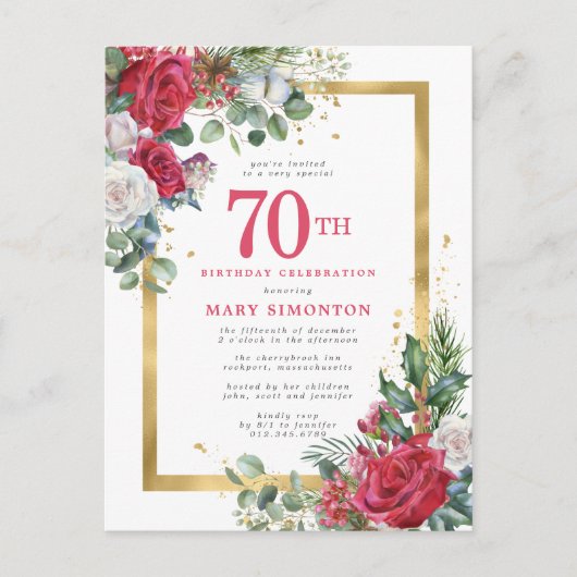 Invitation Carte Postale Red Rose Gold Holly 70e anniversaire (Devant)