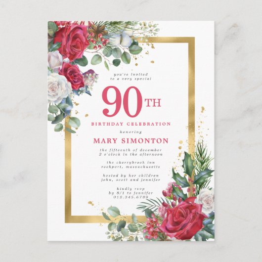 Invitation Carte Postale Red Rose Gold Holly 90e anniversaire (Devant)