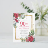 Invitation Carte Postale Red Rose Gold Holly 90e anniversaire (Debout devant)