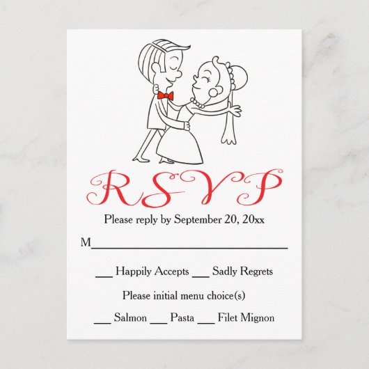 Invitation Carte Postale Red RSVP Bride & Groom Mariage noir et blanc (Devant)