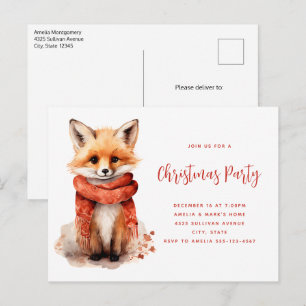 Invitation Carte Postale Renard mignon en écharpe rouge à une fête de Noël
