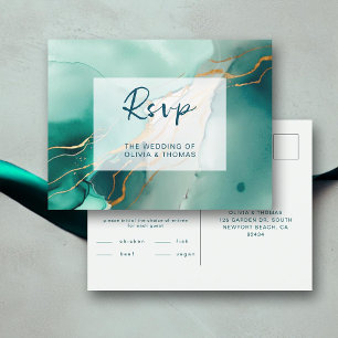 Invitation Carte Postale Repas de mariage Emerald Gold Boho Beach RSVP