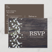 Invitation Carte Postale Réponse Baby's Breath Floral & Bois Rustique Foncé (Devant / Derrière)