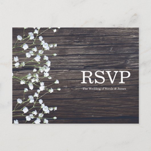 Invitation Carte Postale Réponse Baby's Breath Floral & Dark Rustic Wood (Devant)