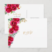 Invitation Carte Postale Réponse de mariage élégante aux fleurs fuchsia dor (Devant / Derrière)