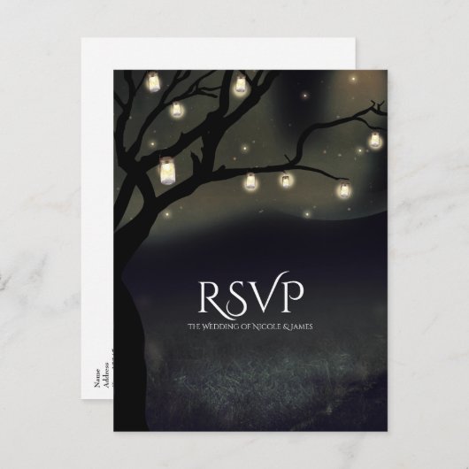 Invitation Carte Postale Réponse de mariage Lumières d'arbre de nuit rustiq (Devant / Derrière)
