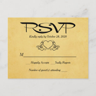 Invitation Carte Postale Réponse du Mariage vintage Heart Gold & Black RSVP