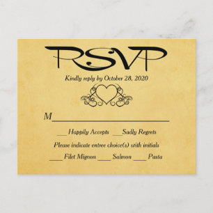 Invitation Carte Postale Réponse du Mariage vintage Heart Gold & Black RSVP