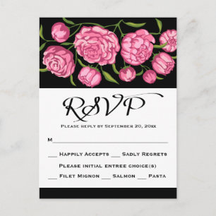 Invitation Carte Postale Réponse florale rose et noire Fleur de paonie Mari