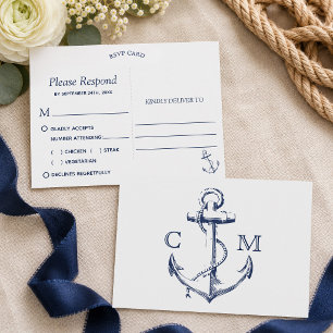 Invitation Carte Postale Réponse RSVP choix de repas blanc avec ancre dessi