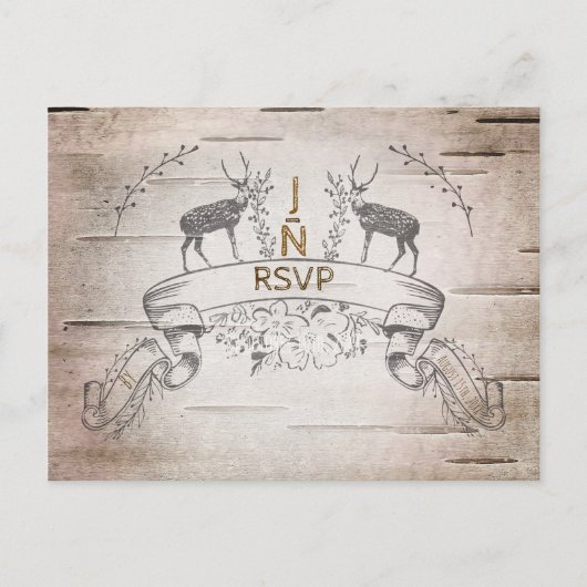 Invitation Carte Postale Réponse RSVP Mariage Cerf Rustique & Branches de B (Devant)