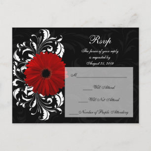 Invitation Carte Postale Réponse RSVP Red+Black+White Gerbera Daisa