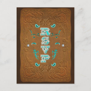 Invitation Carte Postale Réponse Western Rustic Brun Cuir et Diamants RSVP