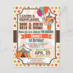 Invitation Carte Postale Retro Coloris Cirque Chiot Anniversaire