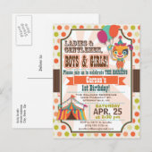 Invitation Carte Postale Retro Coloris Cirque Chiot Anniversaire (Devant / Derrière)
