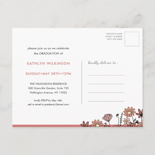 Invitation Carte Postale Retro Floral Super Script Arch Photo Graduation (Dos)