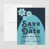 Invitation Carte Postale Retro moderne les années 70 Gras Mariage bleu (Devant / Derrière)