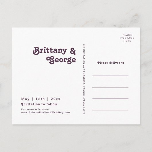 Invitation Carte Postale Rétro moderne | Photo Violet foncé Enregistrer La (Dos)