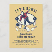 Invitation Carte Postale Retro Navy, Red & Mustard Bowling Anniversaire Par (Devant)