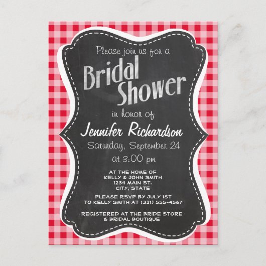 Invitation Carte Postale Retro Scarlet Red En vichy ; Chalboard look (Devant)