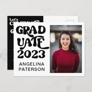 Invitation Carte Postale Retro Script Photo Black & White Graduate Party