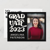 Invitation Carte Postale Retro Script Photo Black & White Graduate Party (Devant / Derrière)