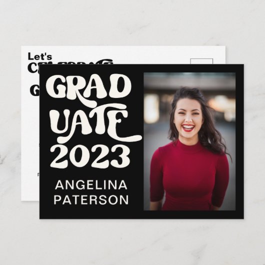 Invitation Carte Postale Retro Script Photo Black & White Graduate Party (Devant / Derrière)