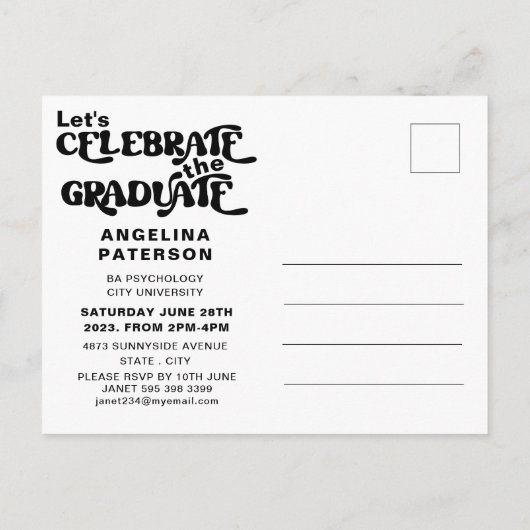 Invitation Carte Postale Retro Script Photo Black & White Graduate Party (Dos)
