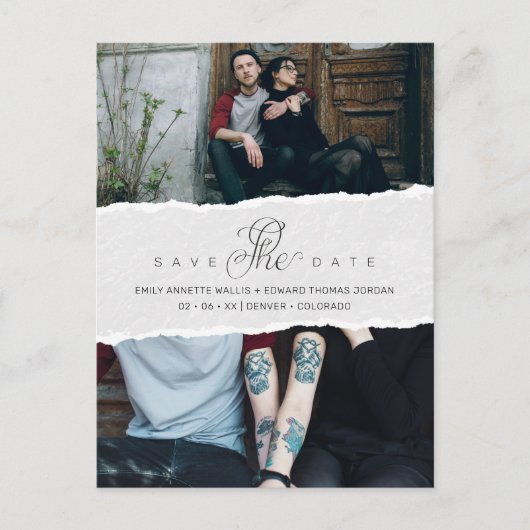 Invitation Carte Postale Ripped Paper Effect Wedding Custom Photo Script (Devant)