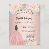 Invitation Carte Postale Robe de fleurs d'or rose Quinceanera (Devant)