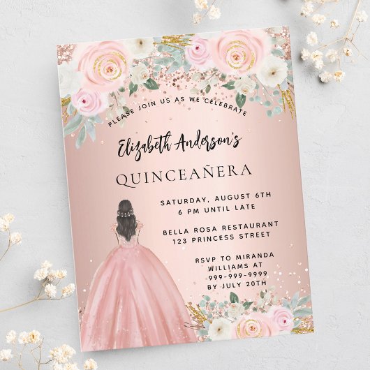 Invitation Carte Postale Robe de fleurs d'or rose Quinceanera