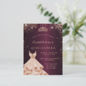 Invitation Carte Postale Robe de Quinceanera bordeaux rose gold paillettes (Debout devant)