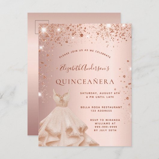 Invitation Carte Postale Robe pétillante parties scintillant or rose Quince (Devant / Derrière)