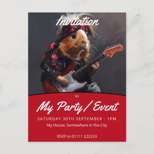 Invitation Carte Postale Rock n Roll Guinea Pig Party/Event (Devant)