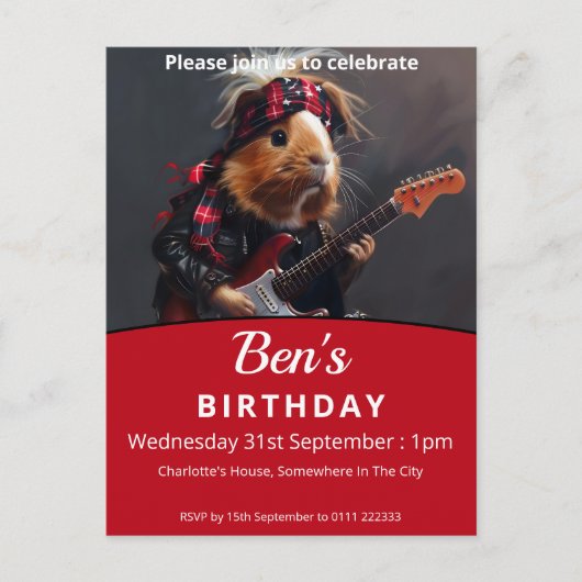 Invitation Carte Postale Rock n Roll Guinée Cochon fête d'anniversaire (Devant)