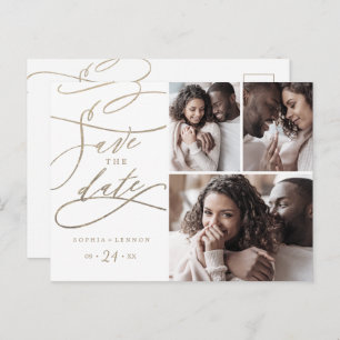 Invitation Carte Postale Romantic Gold Calligraphy 3 Photo Save the Date