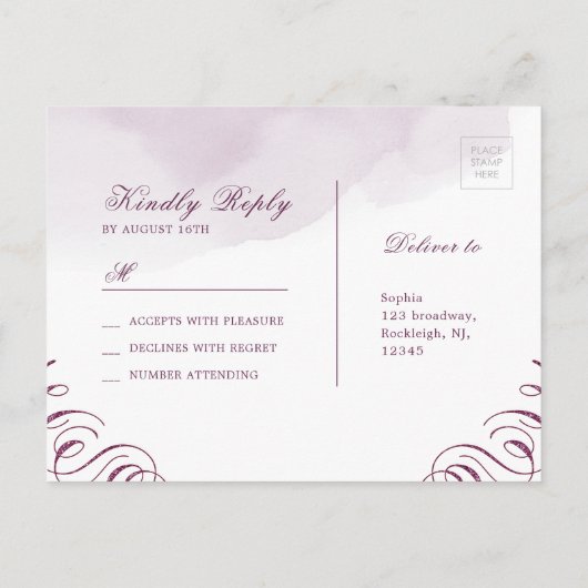 Invitation Carte Postale Romantic Moody plum calligraphie mariage RSVP (Dos)