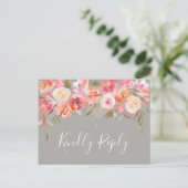 Invitation Carte Postale Romantique Fleurs de mariage en rose saumon | Gris (Debout devant)