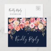 Invitation Carte Postale Romantique Fleurs Roses Mariage RSVP | Marine (Devant / Derrière)