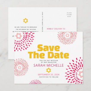 Invitation Carte Postale Rose Bat Mitzvah Sauvegarder la Date Moderne Éclat