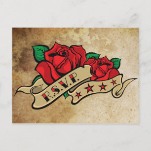 Invitation Carte Postale Rose de tatouage sur papier Vintage RSVP
