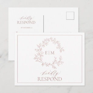 Invitation Carte Postale Rose Dusty Crest Monogramme Mariage RSVP