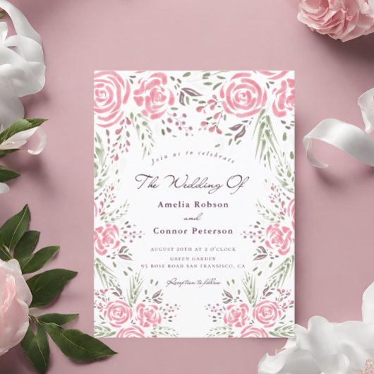 Invitation Carte Postale Rose Elegant Rose Romance Aquarelle